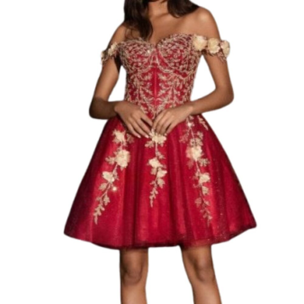 NWT Ladivine CD0194 Floral Lace Cocktail Dress Burgundy Gold Size M